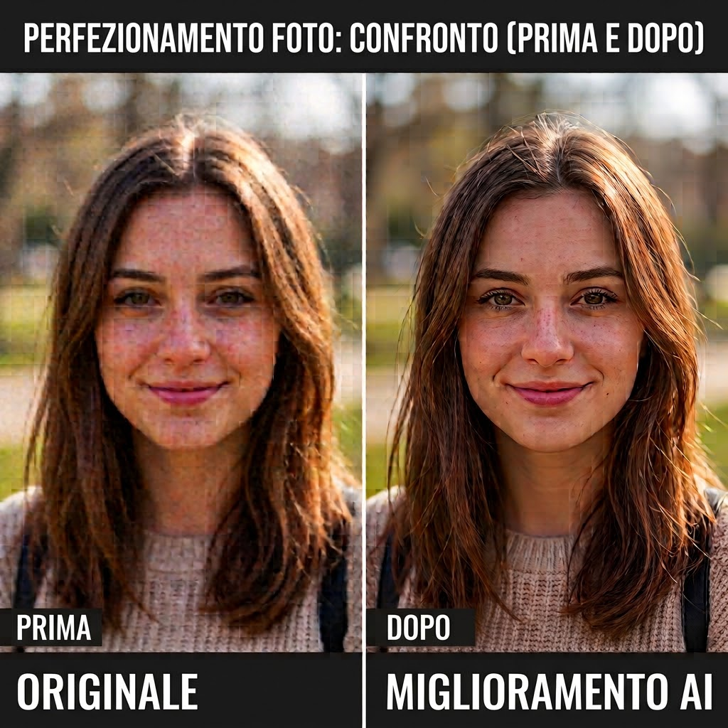 Migliorare la qualità della foto online gratis — upscale fino a 4× con nitidezza, contrasto e colori